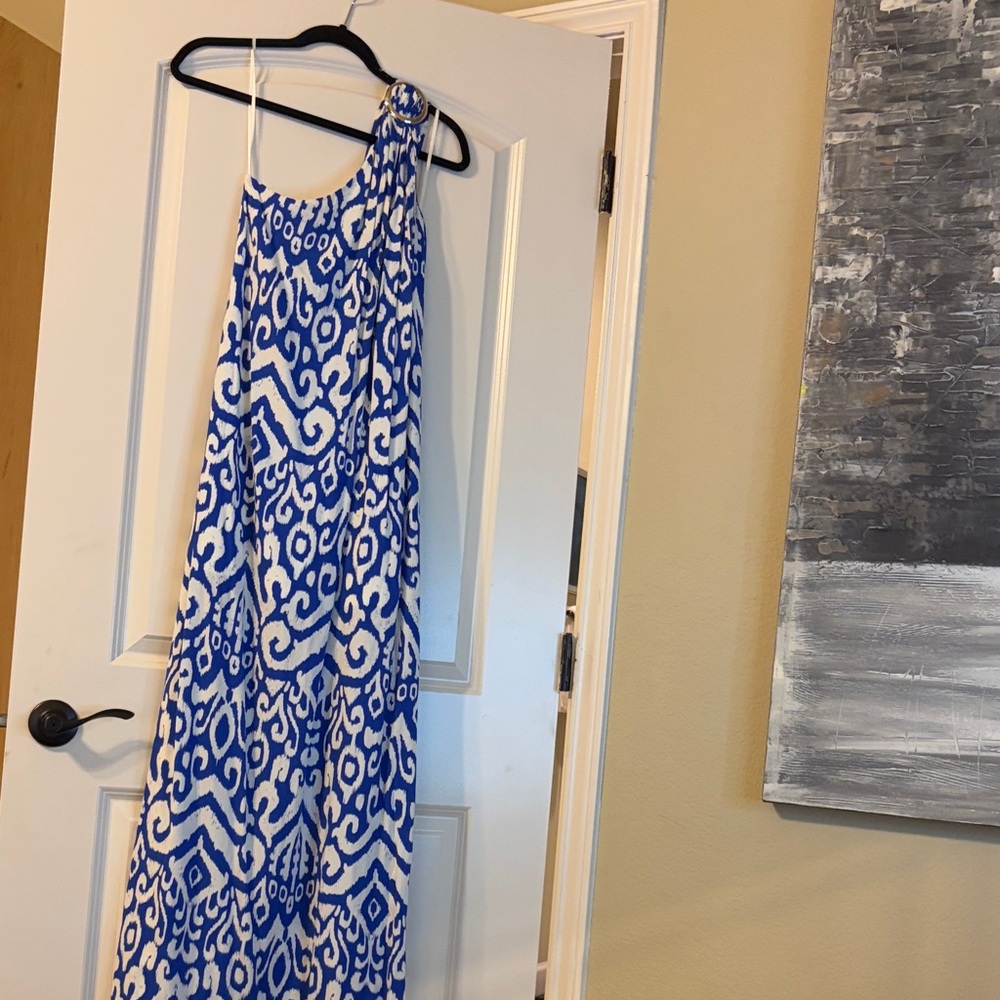 Aakaa Blue and White One Shoulder Dress
